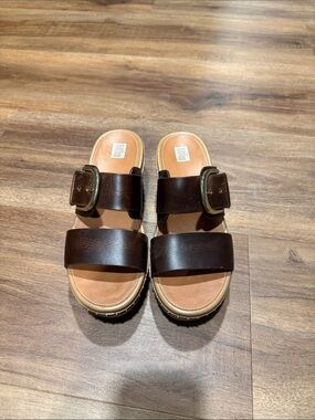 Fitflop Brown Leather Platform Slide Sandals